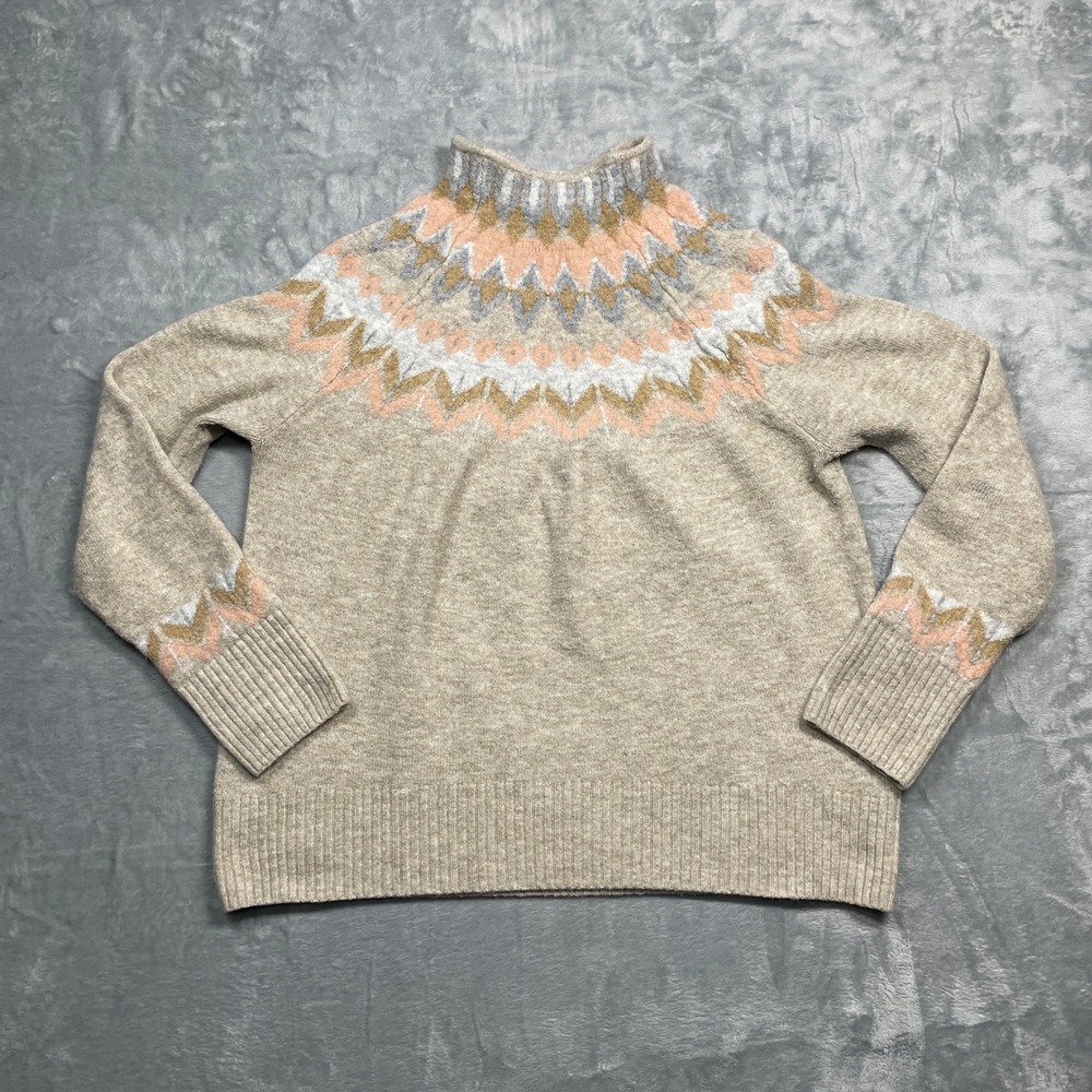CeCe Fair Isle Sweater Womens Small Beige Pink Gray Mock Neck Geometric Knit